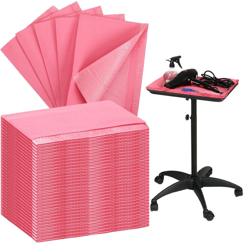 Chivertion 100 Pcs Disposable Salon Tray Cover 13 x 18 Inch Dental Bibs Tattoo Table Covers 3 Ply Waterproof for Nail Salon, Dental Clinic, Feeding, Tattoo Shop(Pink) - Image 1